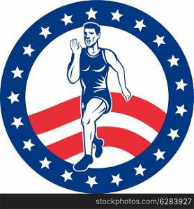 illustration of a illustration of a Marathon road runner jogger fitness training road running with American stars and stripes in background inside circle. American Marathon runner stars stripes