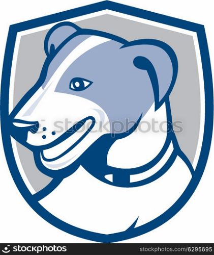 Illustration of a jack russell terrier dog head looking to the side set inside shield crest on isolated background done in cartoon style.