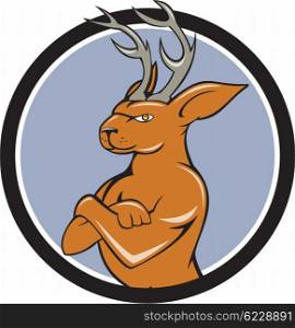 Illustration of a jackalope, a mythical animal of North American folklore described as a jackrabbit with antelope horns or deer antlers with arms crossed viewed from the side set inside circle done in cartoon style.