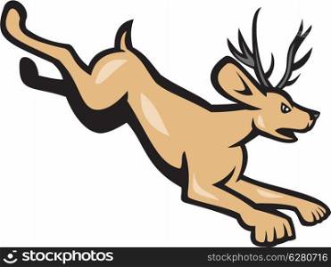 Illustration of a jackalope, a mythical animal of North American folklore described as a jackrabbit with antelope horns or deer antlers, jumping viewed from side done in cartoon style on isolated background.