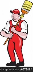 Illustration of a janitor cleaner worker holding broom sweep standing viewed from front set inside circle done in cartoon style.. Janitor Cleaner Holding Broom Standing Cartoon