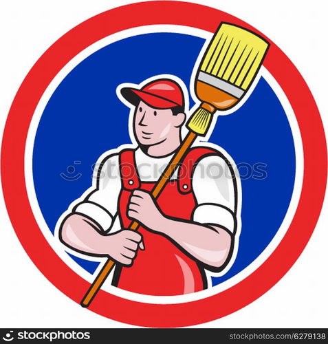 Illustration of a janitor cleaner worker holding broom sweep viewed from front set inside circle done in cartoon style.. Janitor Cleaner Holding Broom Circle Cartoon