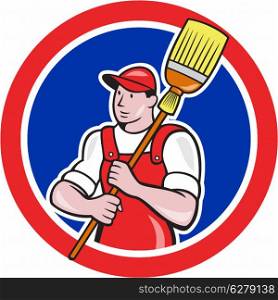 Illustration of a janitor cleaner worker holding broom sweep viewed from front set inside circle done in cartoon style.. Janitor Cleaner Holding Broom Circle Cartoon