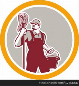 Illustration of a janitor cleaner worker holding mop and water bucket pail viewed from front set inside circle on isolated background done in retro style.. Janitor Holding Mop and Bucket Circle Retro