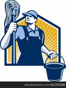 Illustration of a janitor cleaner worker holding mop and water bucket pail viewed from low angle done in retro style.. Janitor Cleaner Holding Mop Bucket Retro