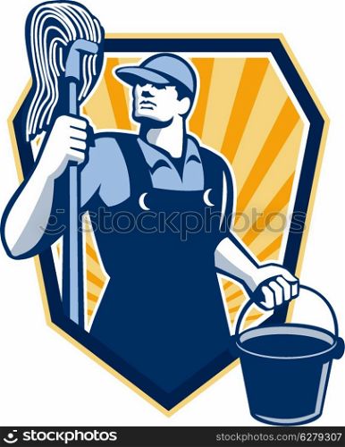 Illustration of a janitor cleaner worker holding mop and water bucket pail viewed from low angle done in retro style set inside shield crest.. Janitor Cleaner Hold Mop Bucket Shield Retro