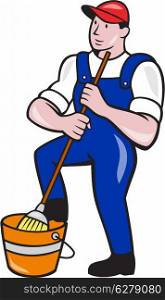 Illustration of a janitor cleaner worker holding mop and with foot on water bucket pail viewed from front done in cartoono style.. Janitor Cleaner Holding Mop Bucket Cartoon