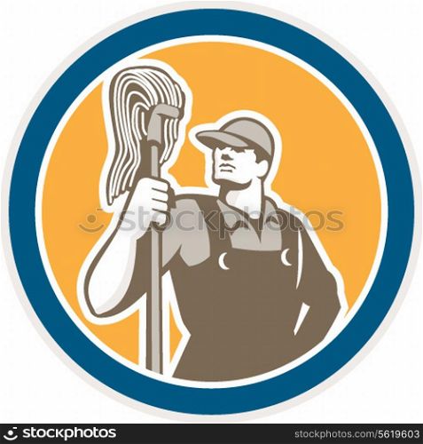 Illustration of a janitor cleaner worker holding mop standing viewed from front set inside circle on isolated background done in retro style. . Janitor Cleaner Holding Mop Circle Retro