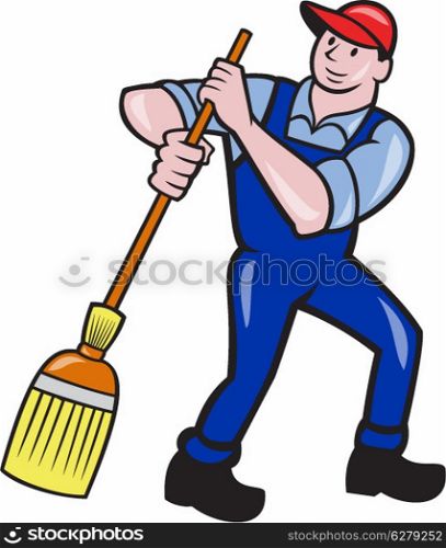 Illustration of a janitor cleaner worker sweeping with broom viewed from front done in cartoono style.. Janitor Cleaner Holding Mop Bucket Cartoon
