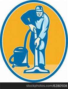 Illustration of a janitor cleaner worker vacuum cleaning facing front set inside ellispe done in retro style.. Cleaner Janitor Worker Vacuum Cleaning