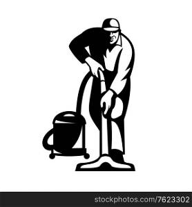 Illustration of a janitor cleaner worker vacuuming cleaning with vacuum cleaner facing front on isolated done in retro style.. Cleaner Janitor Vacuuming Cleaning With Vacuum Cleaner Retro Black and White