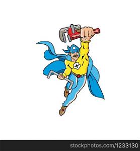 Illustration of a janitor or plumber superhero mascot holding a wrench and pipe.