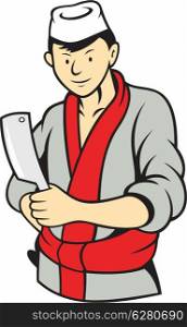 Illustration of a Japanese butcher cutter with meat cleaver knife done in cartoon style.. Japanese Butcher Holding Meat Cleaver Knife