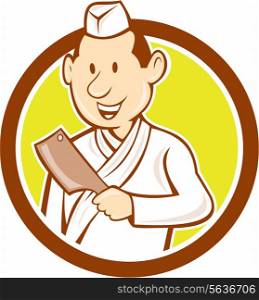 Illustration of a Japanese chef cook holding meat cleaver kitchen butcher knife facing front set inside circle on isolated background done in cartoon style.. Japanese Chef Cook Meat Cleaver Circle Cartoon