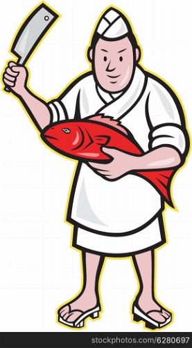Illustration of a Japanese fishmonger butcher chef cook with knife holding red fish on isolated background.