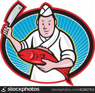 Illustration of a Japanese fishmonger butcher chef cook with knife holding red fish on isolated background.