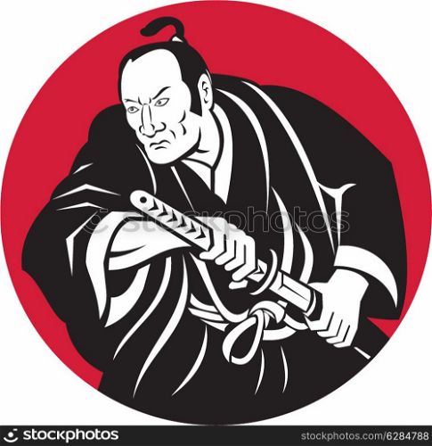 illustration of a Japanese Samurai warrior about to draw sword set inside circle done in retro style. Japanese Samurai warrior drawing sword