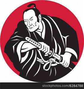 illustration of a Japanese Samurai warrior about to draw sword set inside circle done in retro style. Japanese Samurai warrior drawing sword