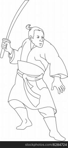 Illustration of a japanese samurai warrior with katana sword in fighting stance done in black and white cartoon style.. Samurai Warrior With Katana Sword