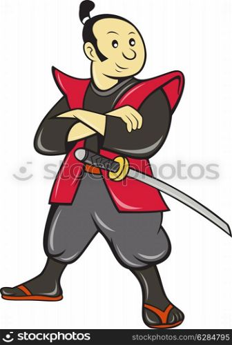 illustration of a Japanese samurai warrior with sword done in cartoon style on isolated white background.&#xA;
