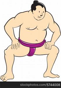 illustration of a Japanese sumo wrestler facing front squatting on isolated white background done in cartoon style. . Japanese Sumo Wrestler Squatting Cartoon