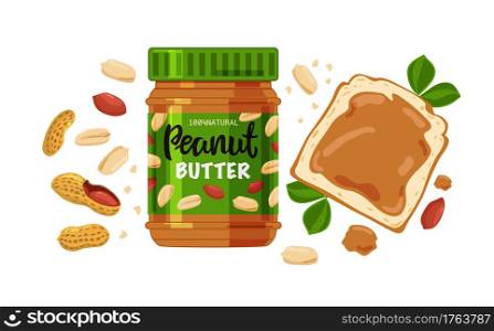 Illustration of a jar of peanut butter, bread and peanuts isolated on a white background. Vector. Website and mobile app design.