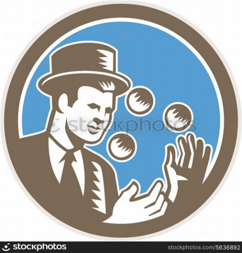 Illustration of a juggler juggling balls wearing top hat set inside circle on isolated background done in retro woodcut style.. Juggler Juggling Balls Circle Woodcut