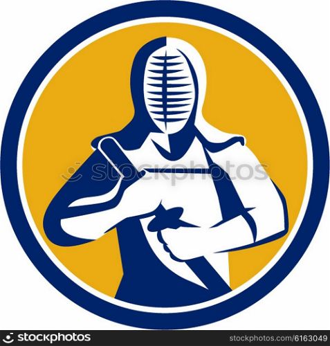 Illustration of a kendo kendoka swordsman with bamboo sword or shinai and protective armour or b?gu viewed from the front set inside circle done in retro style.