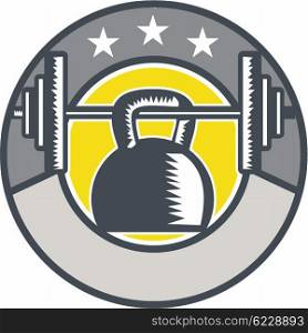 Illustration of a kettlebell hanging on a barbell set inside circle with stars done in retro style. . Kettlebell Hanging Barbell Circle Retro