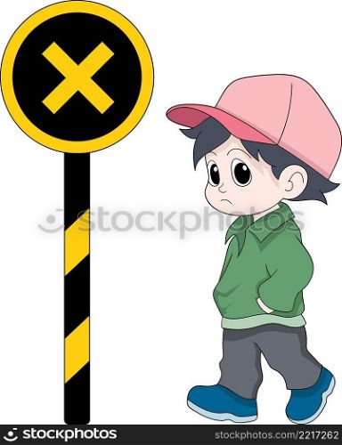 Illustration of a kid boy stopping because of a prohibition rule sign, cartoon flat illustration