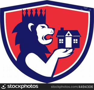 Illustration of a king lion with crown holding house with its paw viewed from the side set inside shield crest done in retro style. . King Lion Holding House Crest Retro