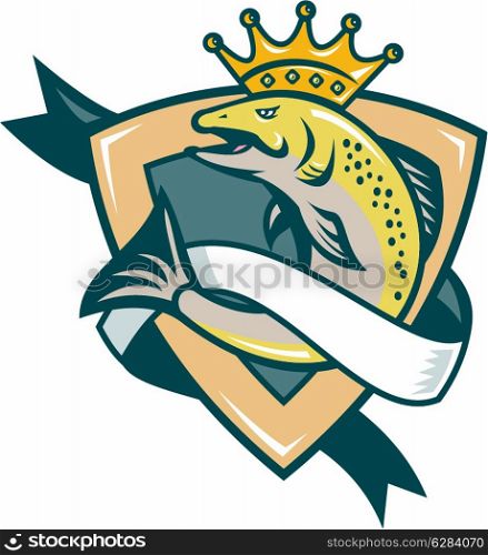 Illustration of a king salmon fish with crown jumping with shield and scroll in background done in retro style.&#xA;