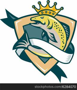 Illustration of a king salmon fish with crown jumping with shield and scroll in background done in retro style.&#xA;