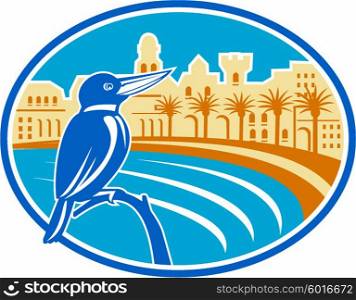 Illustration of a kingfisher bird perched on a branch set inside oval shape with mediterranean coast, buildings and palm trees in the background done in retro style.