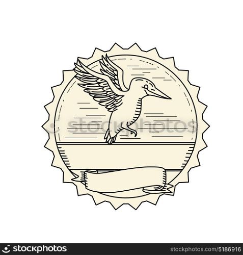 Illustration of a Kingfisher Flying viewed from Side set inside rosette with banner scroll done Monoline line drawring style.. Kingfisher Flying Side Monoline