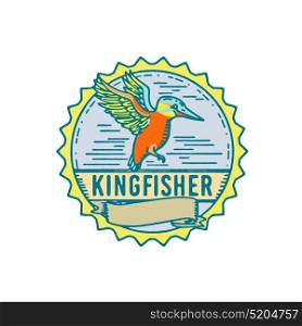 "Illustration of a Kingfisher flying viewed from Side with scroll set inside Rosette shape and word text "Kingfisher" done in Retro style.. Kingfisher Side Rosette Retro"