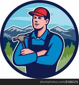 Illustration of a kitchen bathroom remodeler builder carpenter holding hammer with arms crossed viewed from front set inside circle with mountains in the background done in retro style. . Kitchen Bathroom Remodeler Builder Circle Retro