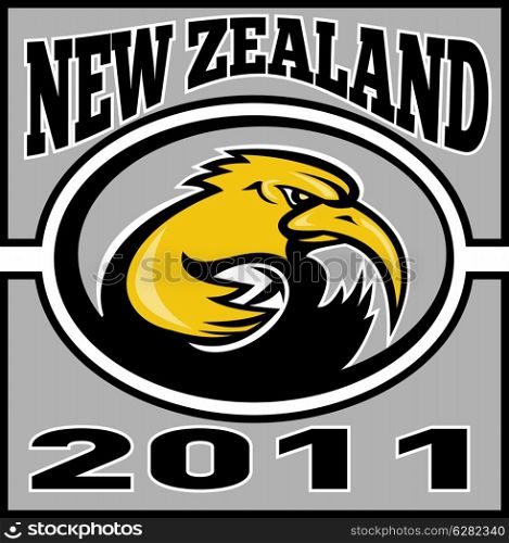 illustration of a kiwi rugby player running with ball with words new zealand 2011. kiwi rugby player with ball NZ 2011