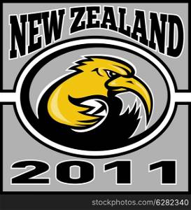 illustration of a kiwi rugby player running with ball with words new zealand 2011. kiwi rugby player with ball NZ 2011