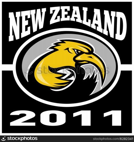 illustration of a kiwi rugby player running with ball with words new zealand 2011. kiwi rugby player running with ball