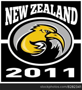 illustration of a kiwi rugby player running with ball with words new zealand 2011. kiwi rugby player running with ball