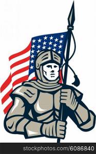 Illustration of a knight in full armor holding usa american flag viewed from front set on isolated white background done in retro style. . Knight Holding USA Flag Retro