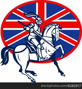 illustration of a Knight on horse with lance and British or great Britain flag. Knight on horse with lance and British flag