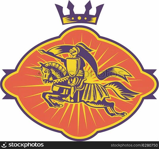 Illustration of a knight riding horse with lance and shield facing front done in retro woodcut style.&#xA;