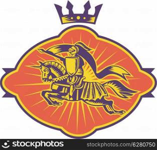 Illustration of a knight riding horse with lance and shield facing front done in retro woodcut style.&#xA;