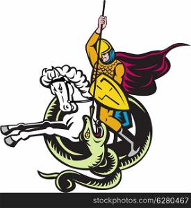 illustration of a knight riding horse with shield and spear fighting snake dragon done in retro style on isolated white background. knight riding horse fighting dragon snake