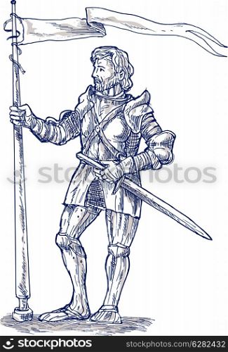 illustration of a Knight standing with lance and flag. Knight standing with lance and flag