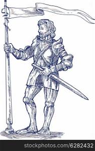 illustration of a Knight standing with lance and flag. Knight standing with lance and flag