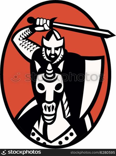Illustration of a knight templar crusader with sword and shield riding armored horse facing front set inside ellipse.. Knight Crusader With Sword Riding Horse Retro