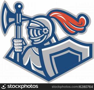 Illustration of a knight with spear ax and shield viewed from side done&#xA;in retro style.